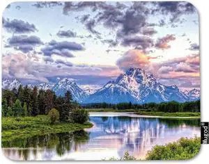 Mountain Nature Mouse Pad Grand Snowy Mountains Lake Tree Landscape Green Blue Mouse Mat Non-Slip Rubber Base Mousepad for Computer Laptop PC Gaming Working Office & Home 9.5x7.9 Inch