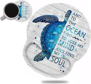 Ergonomic Mouse Pad Wrist Support and Coffee Coaster, Funny Words with Blue Sea Turtle on Rustic Wooden Board Design Wrist Rest Mousepad, Pain Relief Wrist Mouse Pads for Computer Laptop Home Office