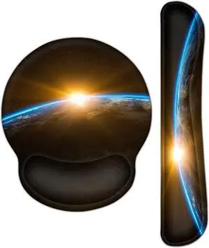 Meffort Inc Mouse Pad Wrist Support & Gaming Keyboard Wrist Pad Combo Set  Durable Ergonomic Anti Slip Non-Slip Round Base Rest Support - Earth Sunrise