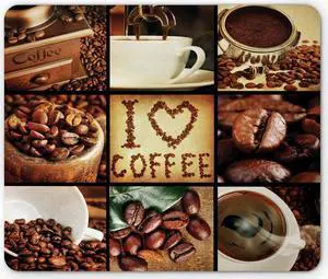 Brown Mouse Pad I Love Coffee Theme Collage Roasted Beans Brewing Machines and Cups Aromatic Drink Rectangle Non-Slip Rubber Mousepad Standard Size White Brown