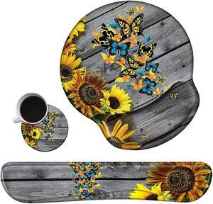 Keyboard Wrist Rest Pad and Mouse Pad Wrist Rest Support Set Ergonomic Gaming Mousepad Durable Smooth Surface Non-Slip Base Sunflower Butterfly Design for Computer Laptop Home Office + Cute Coasters