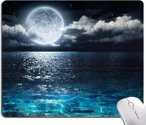 Moon Illuminating The Clear Blue Ocean Design Mouse Pad Mouse Mat Square Waterproof Non-Slip Rubber Base MousePads for Computer Laptop Men Women Kids