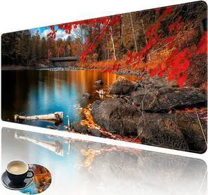 Functional Desk Pad, Extended Large Gaming Mouse Pad with Stitched Edges, XXL Mouse Pad Large (31.5x11.8 Inch) w/ Brilliant Design, Desk Mat Keyboard Pad Non Slip Base - Red Maple Lake