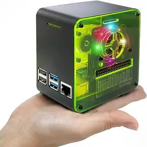 ElectroCookie PIZEN Raspberry Pi 4 Case, Miniature Desktop Aluminum Case with Cooling Fan and Color Changing Ambient Light (Matte Black & Neon)