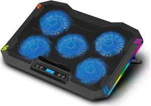 RGB Laptop Cooling Pad 10-17.3 Laptop Cooler with 5 Quiet LED Fans 6 Adjustable Wind Speeds 7 RGB Light Effects LCD Screen 8 Adjustable Angles 2 USB Ports & Metal Mesh