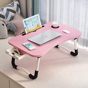 Lap Desk with Storage Drawer, Phone and Cup Holder, Laptop Bed Tray Table, 23.6" Foldable Laptop Desk with White Legs for Adults and Kids, Laptop Stand for Working, Writing, Gaming and Drawing, Pink