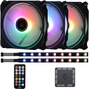 DS Axis Rainbow LED Addressable RGB 120MM Case Fan with Controller for PC Cases, ATX, M-ATX Tower (3PACK RGB Fans, 2PCAK LED Strips, E Series)