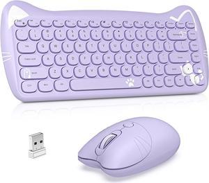 Wireless Keyboard Mouse Combo,2.4GHz Wireless Retro Cute Cat Keyboard with 84 Key,Cat Mouse with 3 Adjustable DPI for Mac PC Desktop Laptop(Purple)