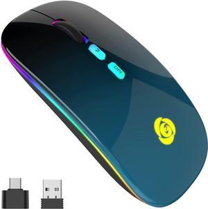 LED Wireless Mouse, Bluetooth Mouse &2.4GHz Instant Connection,Rechargeable Ultra Silent Slim,3 DPI 2 Connection Modes with USB-C to USB Adapter for Laptop/MacBook/PC/Tablet/iPad (Black-blue)
