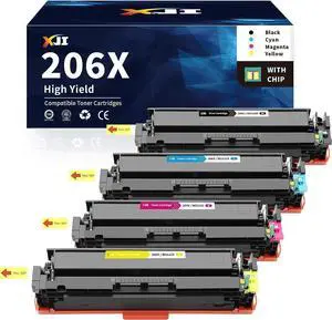 XJI 206X (with Chip) High Yield Compatible Toner Cartridges Replacement  206 X A 206A High Yield 4 Pack, for Color Laserjet Pro M255 M255dw M255nw MFP M282nw M283 M283cdw M283fdw Printer