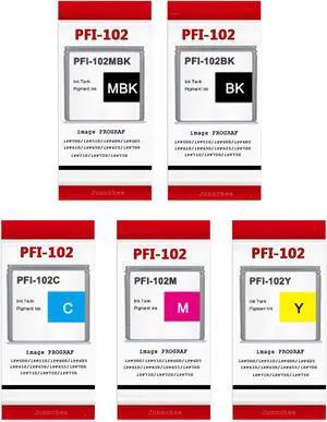 PFI-102 Ink Tank (5PK, MBK/B/C/M/Y) Replacement for Canon PFI102 PFI102MBK PFI102BK PFI102C PFI102M PFI102Y Ink Cartridge for imagePROGRAF PF500 IPF510 IPF600 IPF605 IPF610 IPF650 IPF700 IPF710 IPF720
