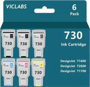 730 Ink Cartridges Replacement   730 P2V68A P2V69A P2V70A P2V71A P2V72A P2V73A Ink Cartridges for use in HP DesignJet T1600 T2600 T1700 Printers ( 6-Pack, 300ml )