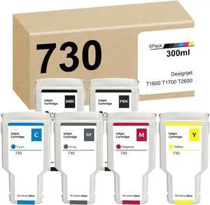 730 Ink Cartridges 300ml (6-Pack, MK/PK/C/M/Y/G) - Compatible for P2V71A P2V72A P2V73A P2V68A P2V69A P2V70A for Designjet T1600 T1700 T2600 Printers | 730 300-ml Ink Cartridges