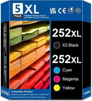 252XL Remanufactured Ink Cartridge Replacement for 252 T252XL for Workforce WF-7210 WF-7720 WF-7710 WF-3640 WF-3620 WF-7620 WF-7110 (5-Pack,2 Black 1 Cyan 1 Magenta 1 Yellow)