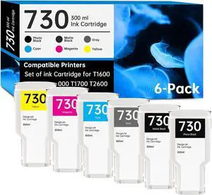 730 Ink Cartridge 300ml Set 6-Pack P2V68A P2V69A P2V70A P2V71A P2V72A P2V73A Replacement   730 Ink Cartridge Works with Designjet T1600 T1700 T2600 Printer Ink
