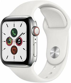 Refurbished Apple Watch Series 5 44mm GPS Cellular Stainless Steel Silver White Sport Band