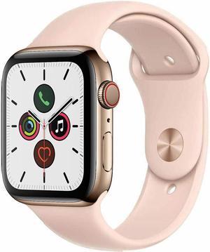 Refurbished Apple Watch Series 5 44mm GPS Cellular Stainless Steel Gold Case Pink Sport Band Smartwatch