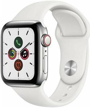 Apple Watch Series 5 44mm GPS + Cellular Unlocked - Silver Stainless Steel Case - White Sport Band (2019) - Very Good Condition