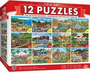 masterpieces folk art collection bundle, jigsaw puzzle, old world scenes & culture, 12pack, 100, 300, 500 pieces, assorted