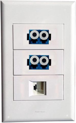 Wall Plate with 2 LC Duplex+ RJ45 Keystone Modular Fiber Optic Distribution Jack Connectors Socket White Decorative FacePlates Device Mount Coupler Cover - (118x72mm)