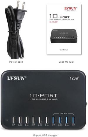 LVSUN 120W 24A 10 Port USB Travel Charger Usb Charging HUb for Iphone 6, 6 Plus, 5s 5c 5, Air, Mini,galaxy S6 and S6 Edge, Galaxy S5 S4, Tab, Lg G3, Nexus, Htc, Moto X and more devices