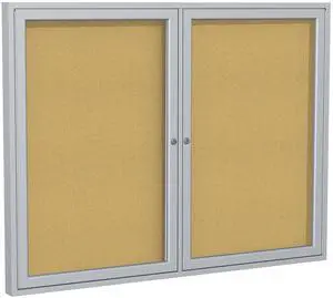 Ghent PA24860K 2 Door Enclosed Natural Cork Bulletin Board with Satin Frame - 60" x 48" - Tan Surface, Satin Aluminum Frame