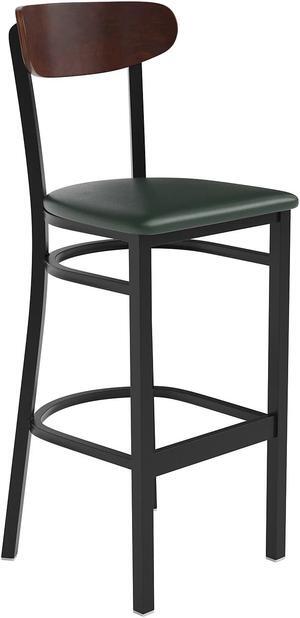 Wright Commercial Barstool with 500 LB. Capacity Black Steel Frame, Walnut Finish Wooden Boomerang Back, and Green Vinyl Seat