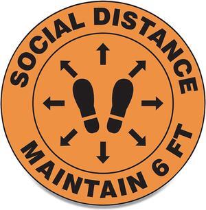 Alpine Accuform Slip-Gard Social Distance Floor Signs 17" Circle "Social Distance Maintain 6 ft" Footprint Orange 25/Pack MFS386ESP