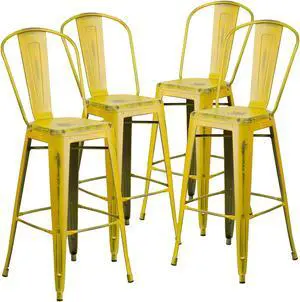 Flash Furniture Commercial Grade 30" High Distressed Yellow Metal Indoor-Outdoor Barstool with Back 4 Pack (4ET353430YL)