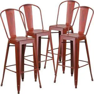 Flash Furniture Commercial Grade 30" High Distressed Kelly Red Metal Indoor-Outdoor Barstool with Back 4 Pack (4ET353430RD)