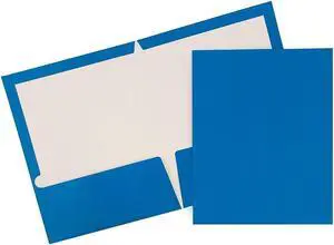JAM Paper Laminated Two-Pocket Glossy Presentation Folders Blue Bulk 50/Box