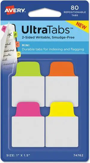 Ultra Tabs Repositionable Tabs 1 x 1.5 Neon:Green Orange Pink Yellow 80/Pk