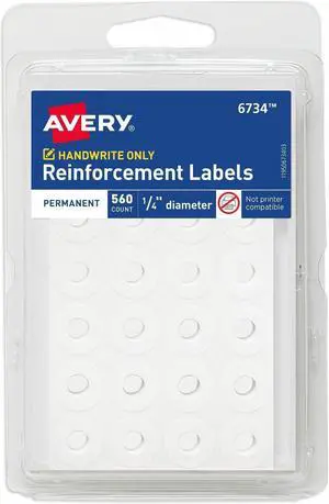 Avery Permanent Reinforcment labels 1/4" Dia 560/PK White 06734