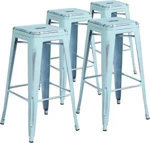 Flash Furniture Commercial Grade 30" High Backless Distressed Green-Blue Metal Indoor-Outdoor Barstool 4 Pack (4ETBT350330DB)