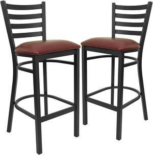 2 Pk. HERCULES Series Black Ladder Back Metal Restaurant Barstool - Burgundy Vinyl Seat