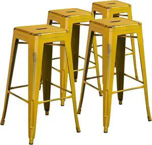 Flash Furniture Commercial Grade 30" High Backless Distressed Yellow Metal Indoor-Outdoor Barstool 4 Pack (4ETBT350330YL)