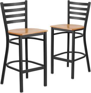 2 Pk. HERCULES Series Black Ladder Back Metal Restaurant Barstool - Natural Wood Seat