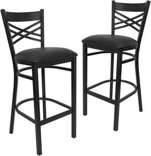 2 Pk. HERCULES Series Black ''X'' Back Metal Restaurant Barstool - Black Vinyl Seat