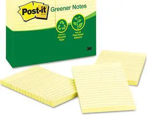 Post-it Recycled Note Pads 4 x 6 Lined Canary Yellow 100-Sheet 12/Pack 660RPYW