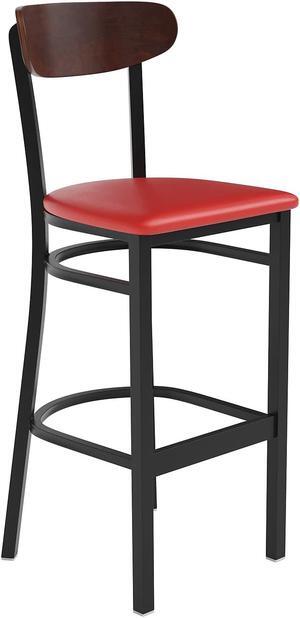 Wright Commercial Barstool with 500 LB. Capacity Black Steel Frame, Walnut Finish Wooden Boomerang Back, and Red Vinyl Seat