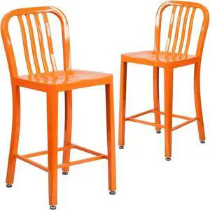 Flash Furniture 24" High Orange Metal Indoor-Outdoor Counter Height Stool with Vertical Slat Back 2 Pack (2CH6120024OR)