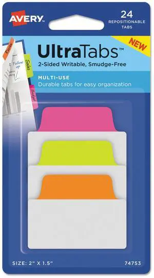 Avery Ultra Tabs Repositionable Tabs 2 x 1 1/2 Primary: Blue Green Red 24/Pack