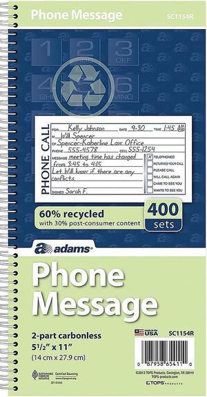 Adams Phone Message Pad 5.5" x 11" Ruled White 100 Sheets/Pad (SC1154R) 609011