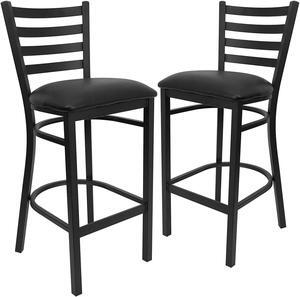 2 Pk. HERCULES Series Black Ladder Back Metal Restaurant Barstool - Black Vinyl Seat