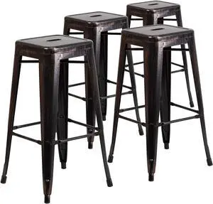 Flash Furniture 30" High Backless Black-Antique Gold Metal Indoor-Outdoor Barstool with Square Seat 4 Pack (4CH3132030BQ)
