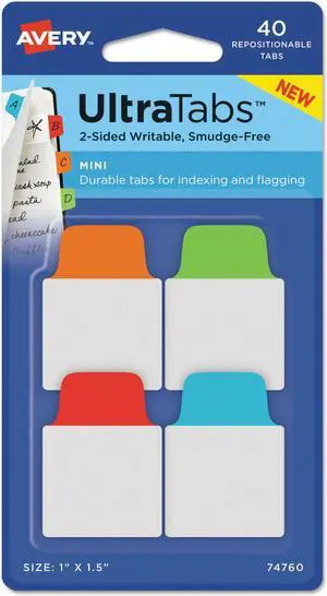 Avery Ultra Tabs Repositionable Tabs 1 x 1.5 Pastel:Blue Green Pink Purple 40/Pk