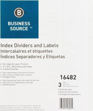 Business Source Index Dividers 3HP 3-Tab 25 Sets/BX 11"x8-1/2" White 16482