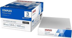 Staples Multiuse 8.5" x 11" Copy Paper 20 lbs 94 Brightness 500/RM 3 RM/CT Staples Multiuse 8.5" x 11" Copy Paper 20 lbs 94 Brightness 500/RM 3 RM/CT