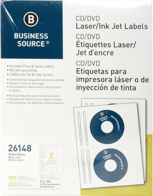 Business Source CD/DVD Labels Laser/Inkjet 100/PK White 26148
