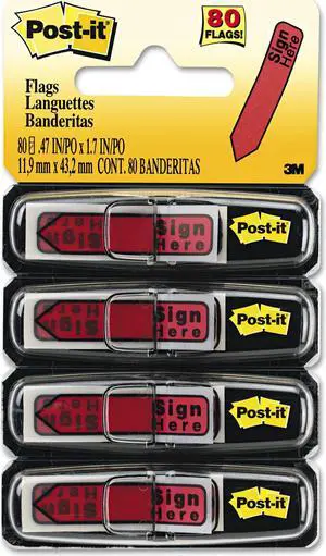 Post-it Arrow Message 1/2" Page Flags in Dispenser "Sign Here" Red 80/Pack